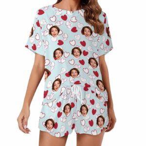 Custom womens Short 2 Pieces PJ Sets with Face Personalized Photo Valentine round neck Sleepwear for GF Wife Mom gift
