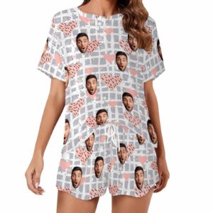 Personalized Short round neck Pajamas Set Photo for women Custom Sleepwear with Face for GF Wife Mom gift for Valentine