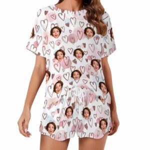 Personalized Valentine Short round neck PJ Sets for women with Face Custom Photo Sleepwear for GF Wife Mom gifts