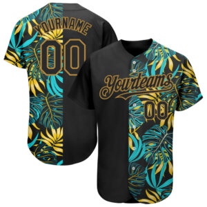 Custom Black Old Gold 3D Pattern Design Hawaii Tropical Palm Leaves Baseball Jersey