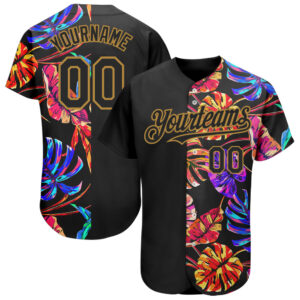 Custom Black Old Gold 3D Pattern Design Hawaii Tropical Palm Leaves Baseball Jersey