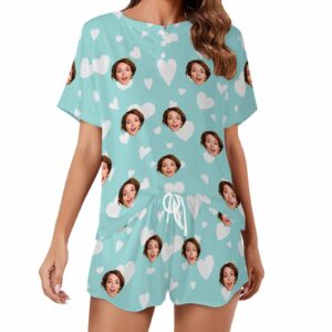 Custom Valentine Short round neck PJ Sets for women with Face Personalized Photo Sleepwear for GF Wife Mom gifts