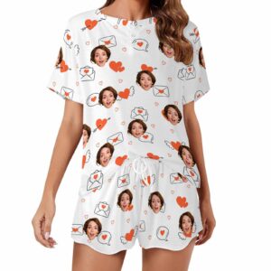 Personalized womens 2 Pieces PJ Sets with Face Custom Photo Valentine Short round neck Sleepwear for GF Wife Mom gifts