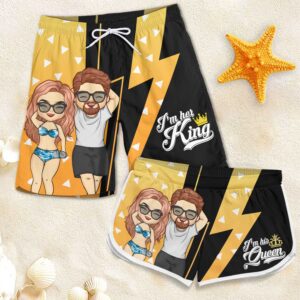 Classic Touch Beach Short I Am Her King - Personalized Couple Beach Shorts - Gift For Couples, Husband Wife Set of 3