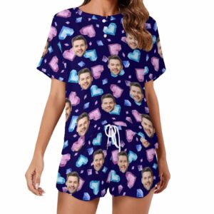 Personalized Valentine round neck Pajamas Set Photo for women Custom Short Sleepwear with Face for GF Wife Mom Gift