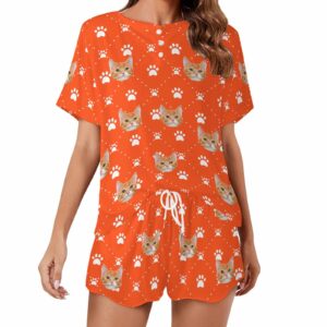 Personalized Pet Face 2 Pieces PJ Sets for women Custom Photo Valentine Short round neck Sleepwear for Mom GF Wife gift