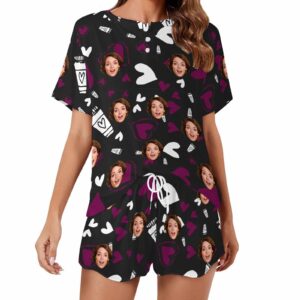 Personalized womens Short 2 Pieces PJ Sets with Face Custom Photo Valentine round neck Sleepwear for GF Wife Mom gift
