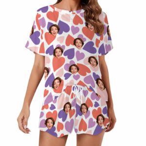 Personalized womens Valentine Short 2 Pieces PJ Sets with Face Custom Photo round neck Sleepwear for GF Wife Mom gift