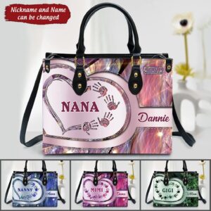 Sparkling Grandma- Mom With Heart Hand Prints Kids, Multi Colors Personalized Leath Handbag NVL22JUL22TT2