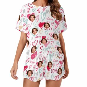 Custom womens 2 Pieces PJ Sets with Face Personalized Photo Valentine Short round neck Sleepwear for GF Wife Mom gifts