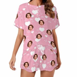 Custom womens Valentine Short 2 Pieces PJ Sets with Face Personalized Photo round neck Sleepwear for GF Wife Mom gift