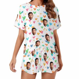 Personalized Valentine Short round neck Pajamas Set Photo for women Custom Sleepwear with Face for GF Wife Mom Gift