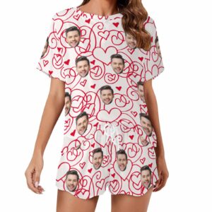 Custom Valentine Short round neck PJ Sets for women with Face Personalized Sleepwear with Photo for GF Wife Mom gifts