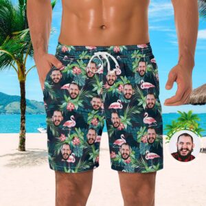 Men's Custom Face Beach Trunks Photo Shorts Beach Shorts Men's Photo Swim Trunks - Flamingo And Leaves