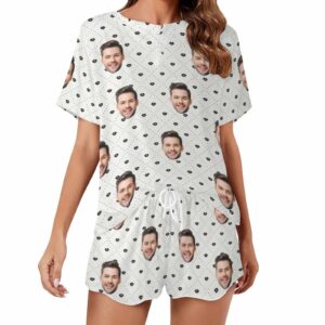 Personalized Valentine Short round neck PJ Sets for women with Face Custom Sleepwear with Photo for GF Wife Mom gifts