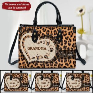 Customized Grandma Mom Heart Hand Prints Leopard Seamless Mothers Day Familia Gift Leather Handbag HLD01AUG22TT2