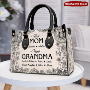 First Mom Now Grandma Boho Floral Pattern Personalized Leather Handbag VTX06FEB24NY2
