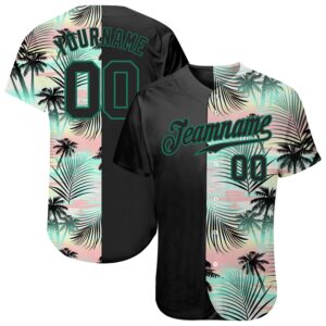 Custom Black Black-Kelly Green 3D Pattern Design Tropical Palm Leaves Baseball Jersey