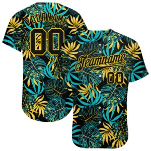 Custom Black Black-Gold 3D Pattern Design Tropical Palm Leaves Baseball Jersey