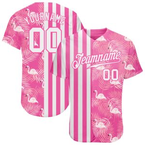 Custom Pink White 3D Pattern Design Tropical Palm Leaves And Famingo Baseball Jersey