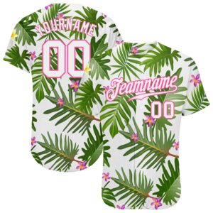 Custom White White-Pink 3D Pattern Design Tropical Palm Leaves Baseball Jersey